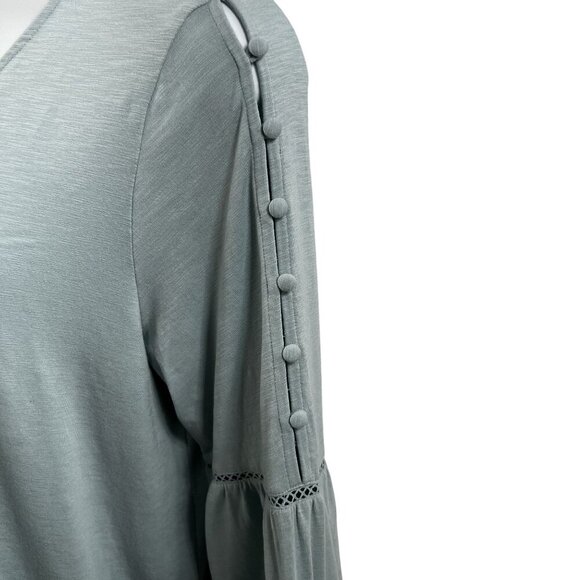 J Jill Womens L Sage Boho Tunic Top Button Detail Sleeves Pom Pom Trim Stretchy - Picture 5 of 15
